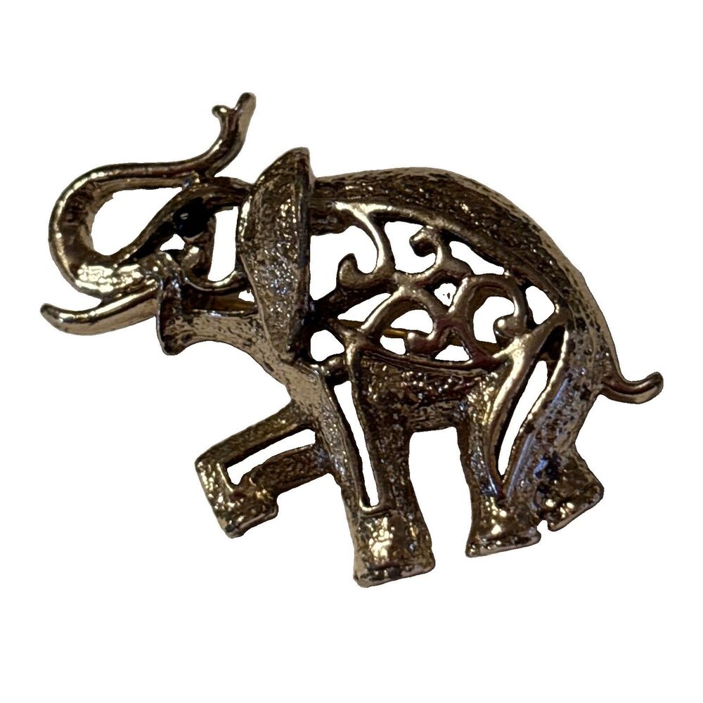 Vintage Sarah Coventry Gold Tone Open Work Elephant Pin Brooch Trunk Raised